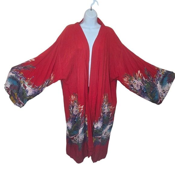 Vintage Sue Starr Hand Made Red Kimono Vibrant Peacock Pattern One Size - Picture 1 of 8